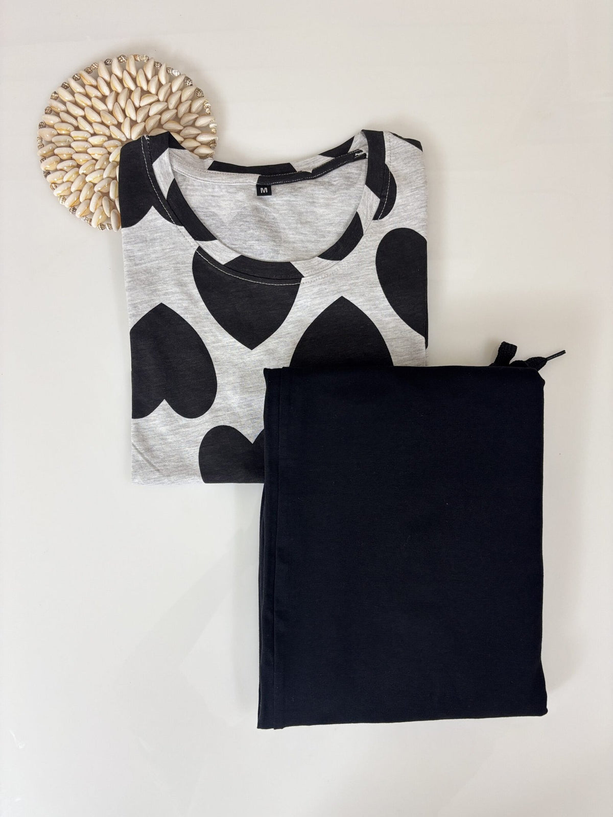 Knitted Cotton Grey with Black Hearts Printed T-shirt and Black Palazzo Set
