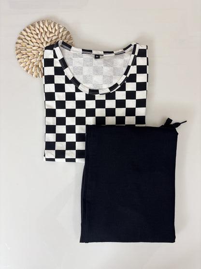 Knitted Cotton Black and White Gingham Style Printed T-shirt and Black Palazzo Set