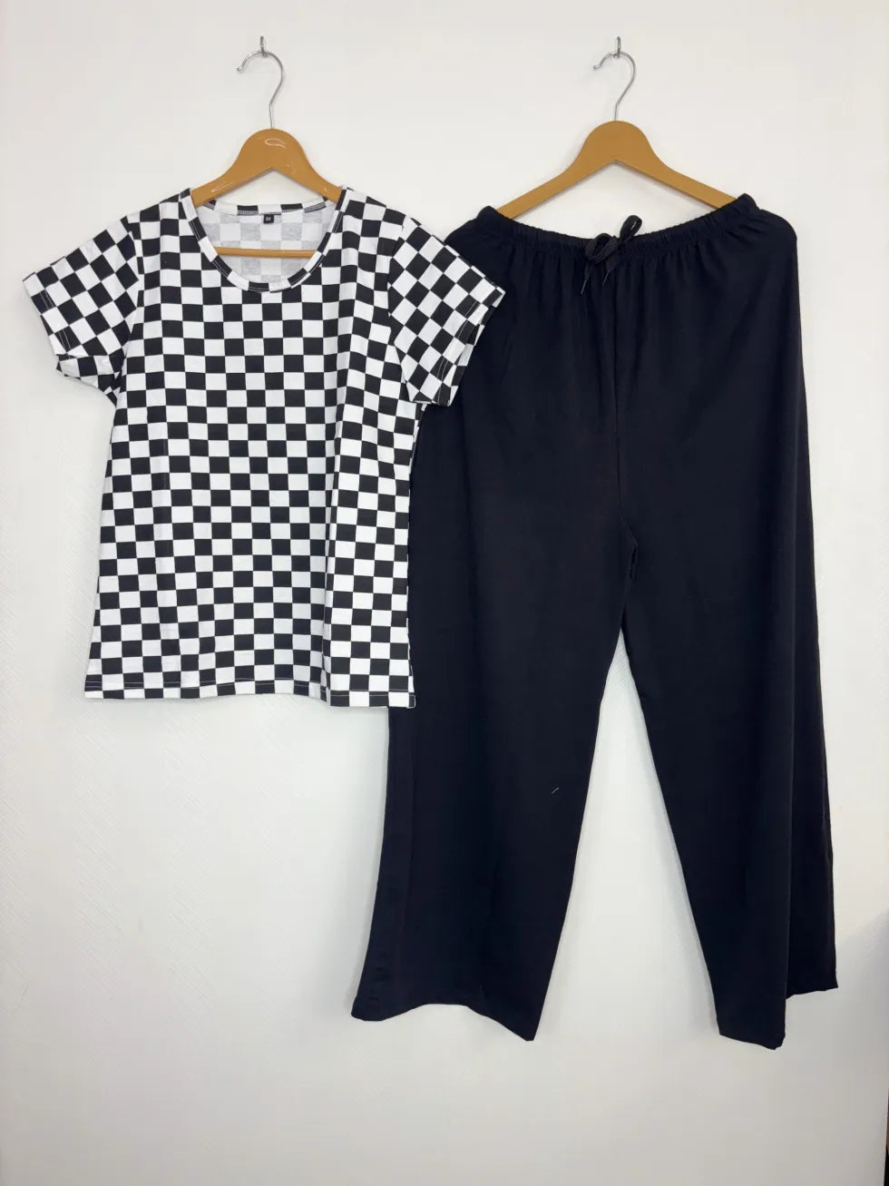 Knitted Cotton Black and White Gingham Style Printed T-shirt and Black Palazzo Set