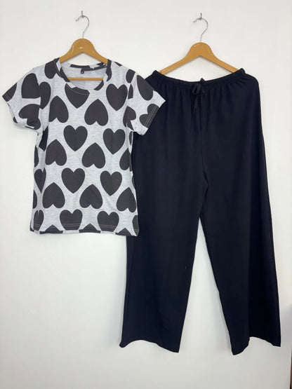 Knitted Cotton Grey with Black Hearts Printed T-shirt and Black Palazzo Set