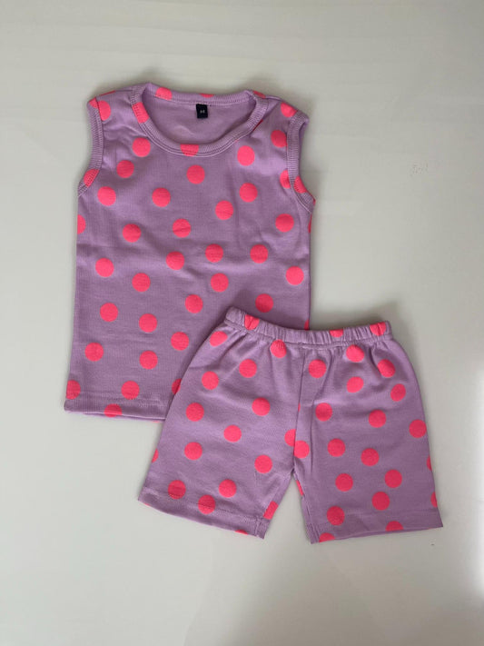 Lavnder with Pink Polko Dots Printed Sleeveless Kids Co-ords