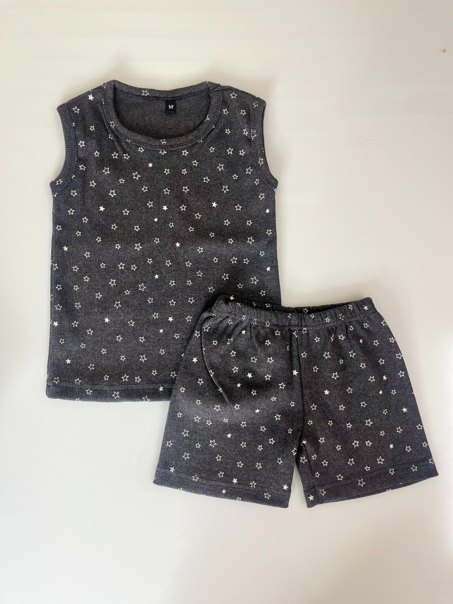 Dark Grey with White Stars Printed Sleeveless Kids Co-ords