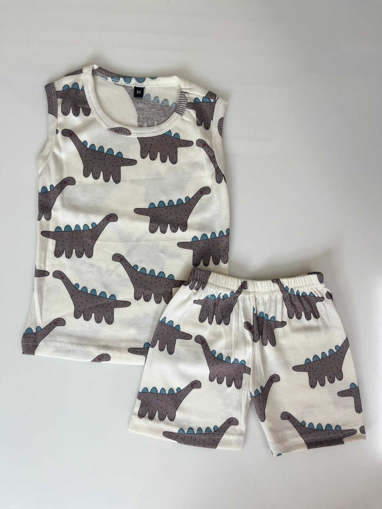 Cream with Brown Dinosaur Printed Sleeveless Kids Co-ords