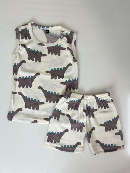 Cream with Brown Dinosaur Printed Sleeveless Kids Co-ords