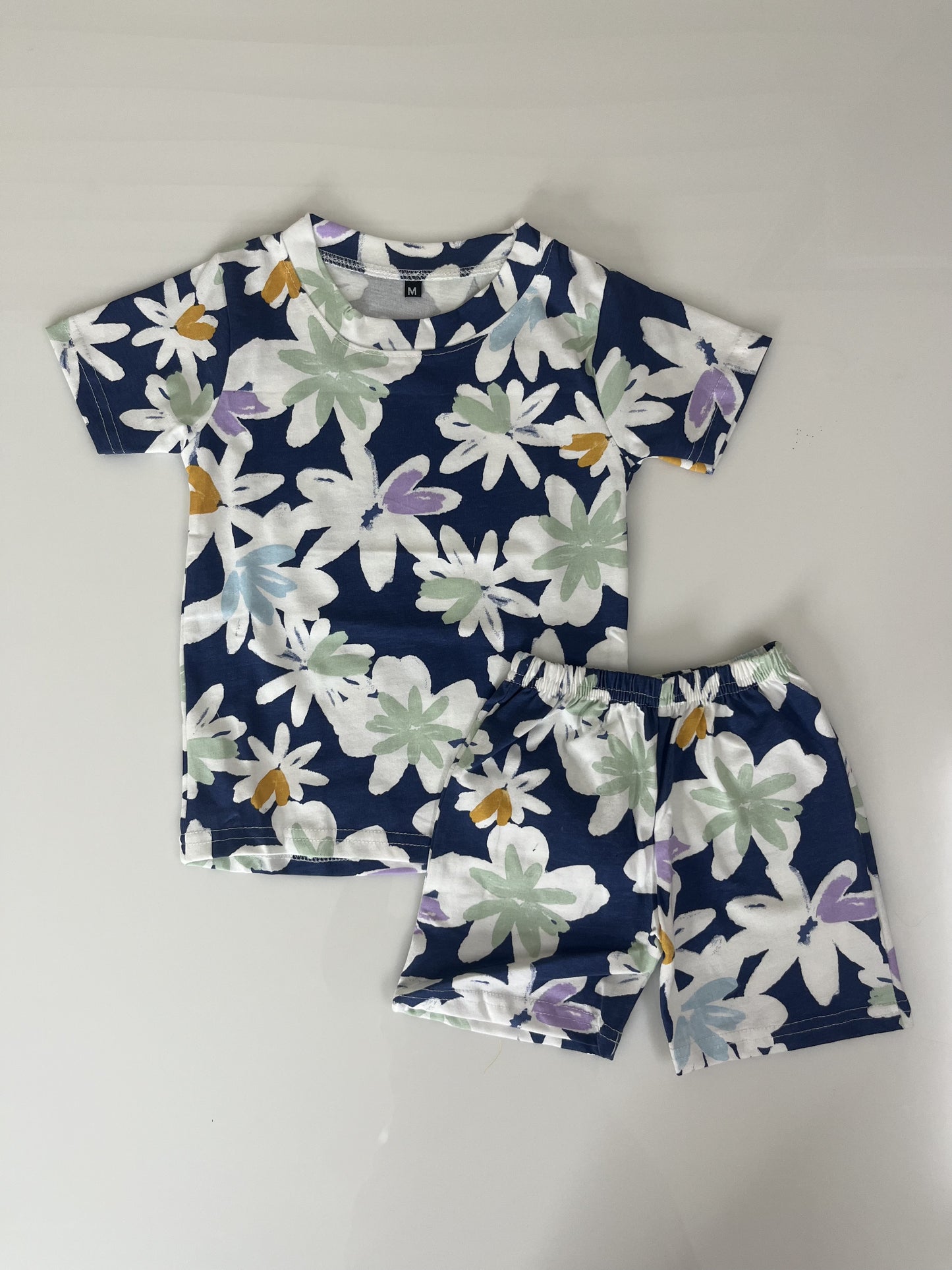 Navy Blue White Floral Printed Kids T-Shirt and Shorts Coords