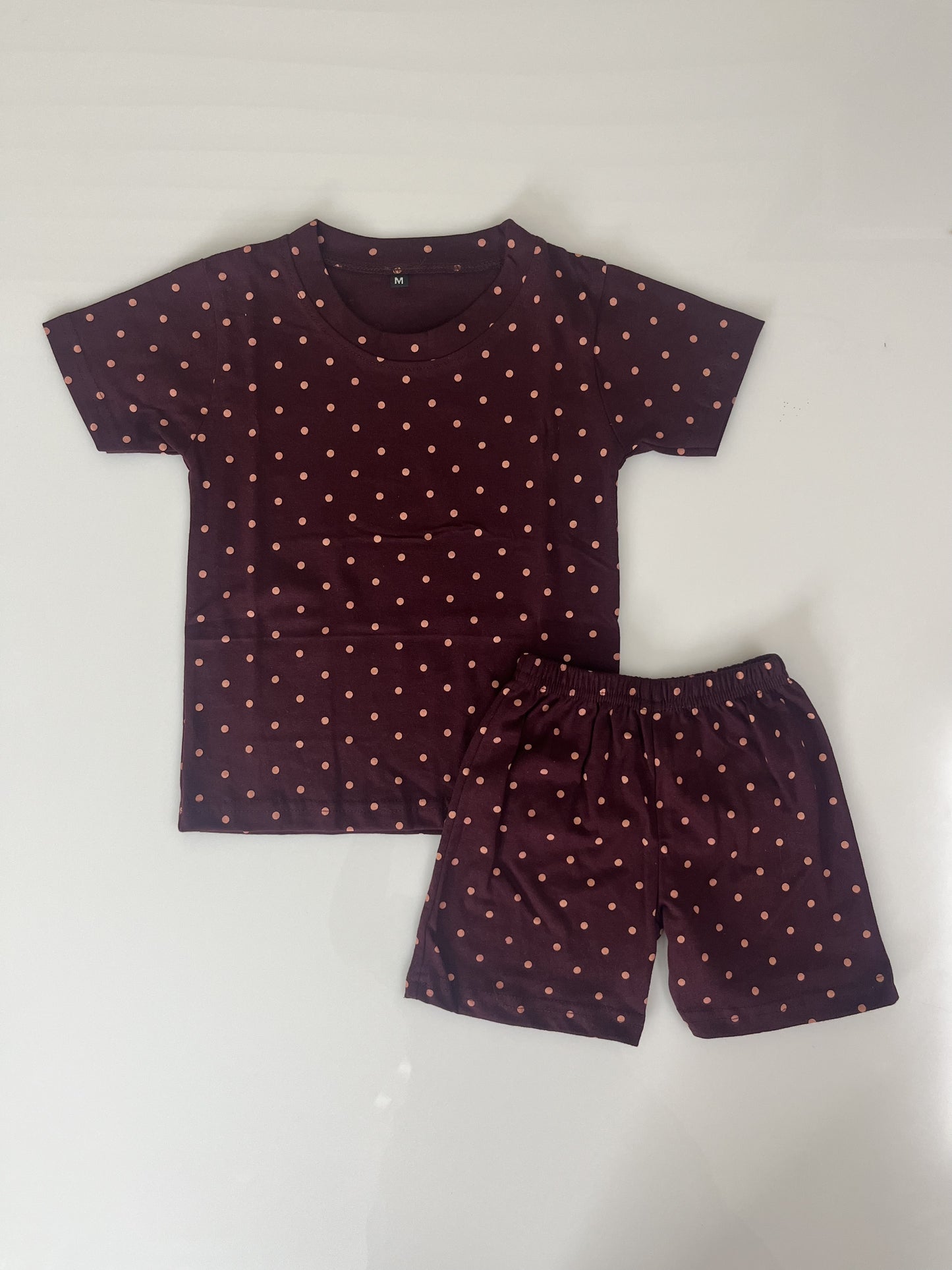 Brown Peach Polka Dot Printed Kids T-Shirt and Shorts Coords