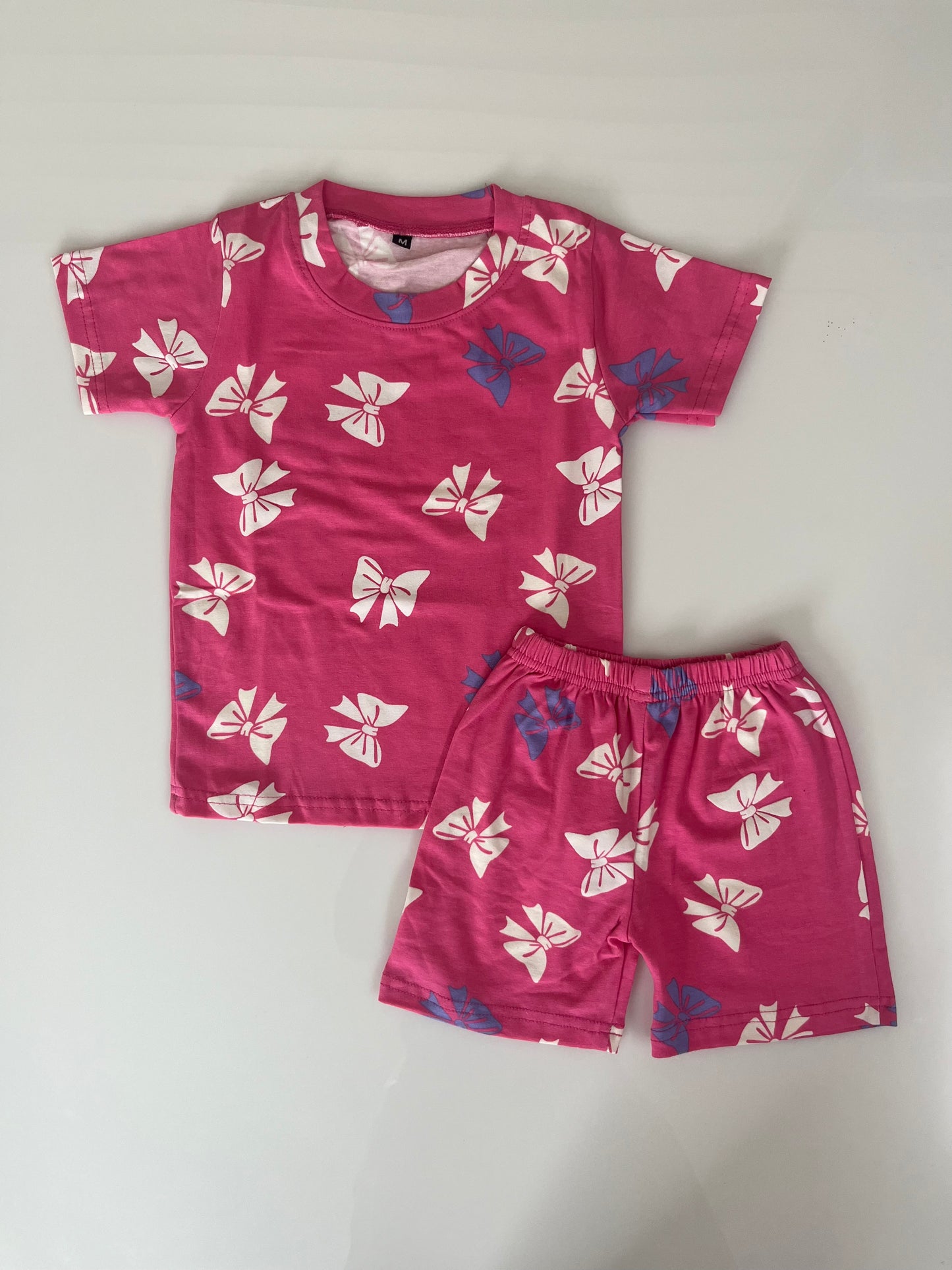 Hot Pink White Bow Printed Kids T-Shirt and Shorts Coords