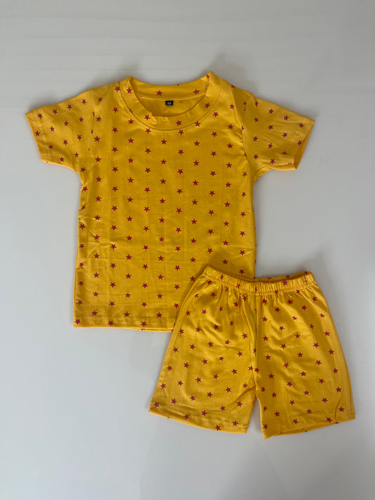 Mustard Yellow Red Star Printed Kids T-Shirt and Shorts Coords