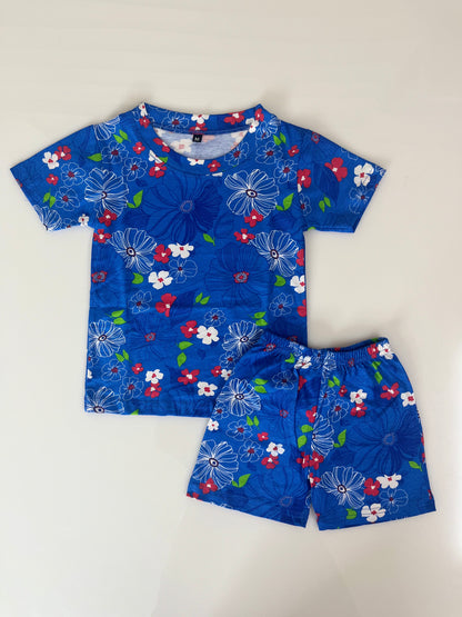Royal Blue Multicolor Floral Printed Kids T-Shirt and Shorts Coords