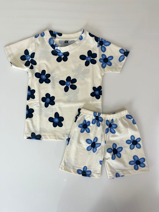 Off White Blue Floral Printed Kids T-Shirt and Shorts Coords