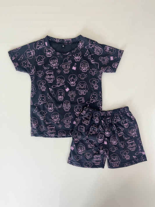 Charcoal Grey Pink Cartoon Printed Kids T-Shirt and Shorts Coords