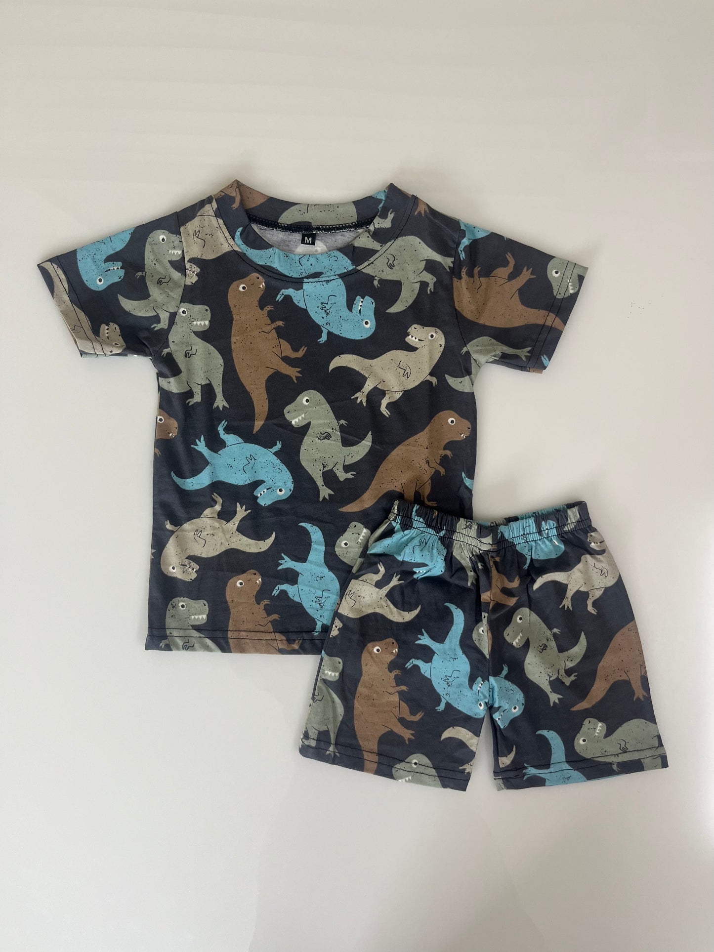 Charcoal Grey Blue Brown Dinosaur Printed Kids T-Shirt and Shorts Coords