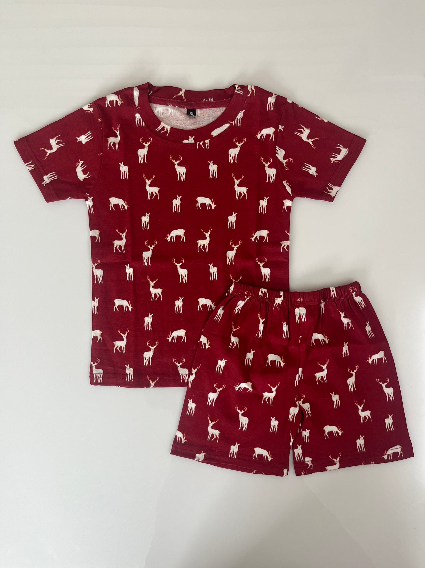 Maroon White Deer Printed Kids T-Shirt and Shorts Coords