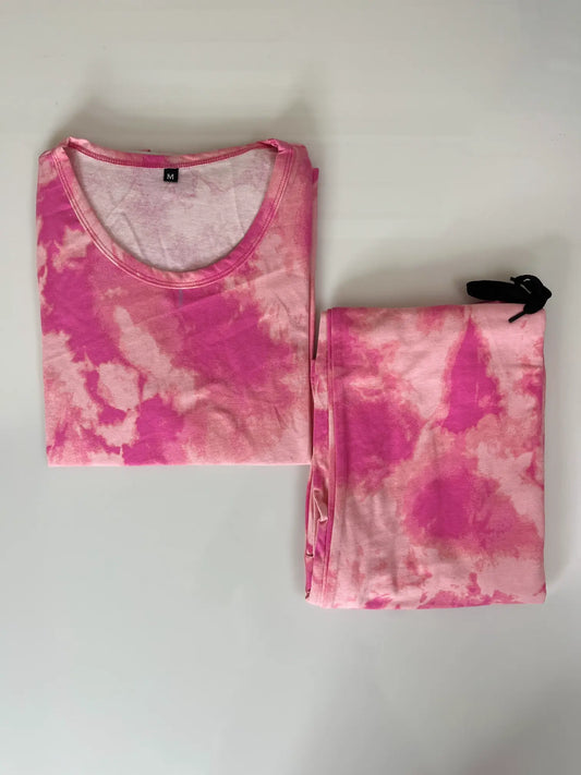 Mixed Pink and Beige Tie-Dye Printed T-shirt with Combo Pant Set
