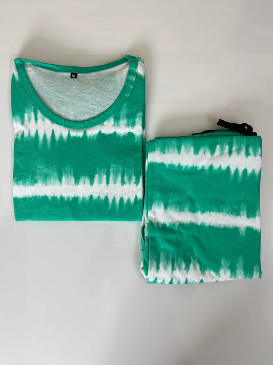 Green and White Tie-Dye Printed T-shirt with Combo Pant Set