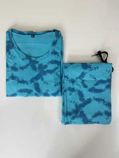Aqua and Deep Blue Tie-Dye Printed T-shirt with Combo Pant Set
