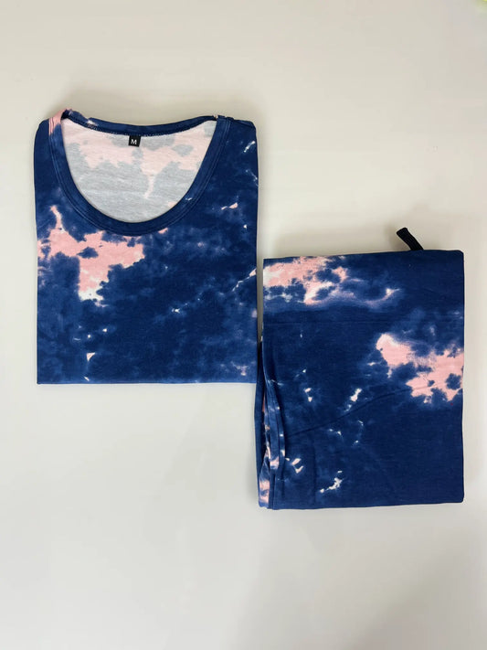 Navy Blue and Light Pink Tie-Dye Printed T-shirt with Combo Pant Set