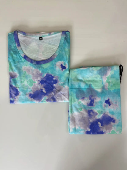 Navy Blue and Aqua Tie-Dye Printed T-shirt with Combo Pant Set