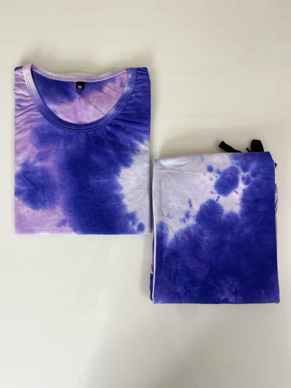 Triple Mixed Blue Shades Tie-Dye Printed T-shirt with Combo Pant Set