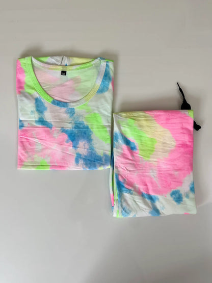 White with Green and Pink Shades Tie-Dye Printed T-shirt with Combo Pant Set