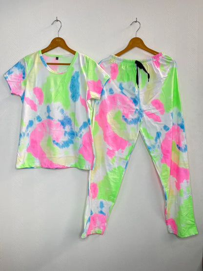 White with Green and Pink Shades Tie-Dye Printed T-shirt with Combo Pant Set