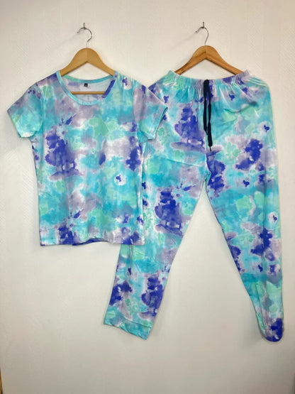 Navy Blue and Aqua Tie-Dye Printed T-shirt with Combo Pant Set