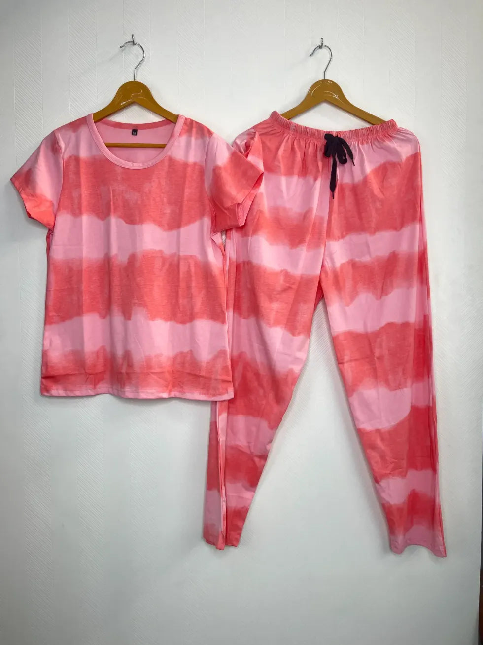 Mixed Orange and Baby Pink Tie-Dye Printed T-shirt with Combo Pant Set