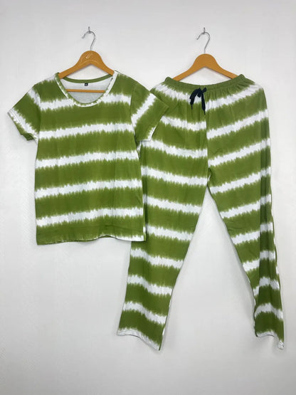 Olive Green and White Tie-Dye Printed T-shirt with Combo Pant Set