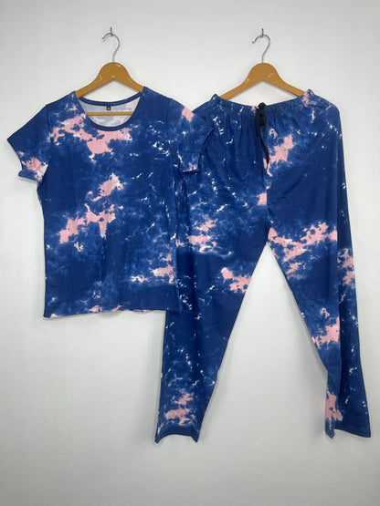 Navy Blue and Light Pink Tie-Dye Printed T-shirt with Combo Pant Set