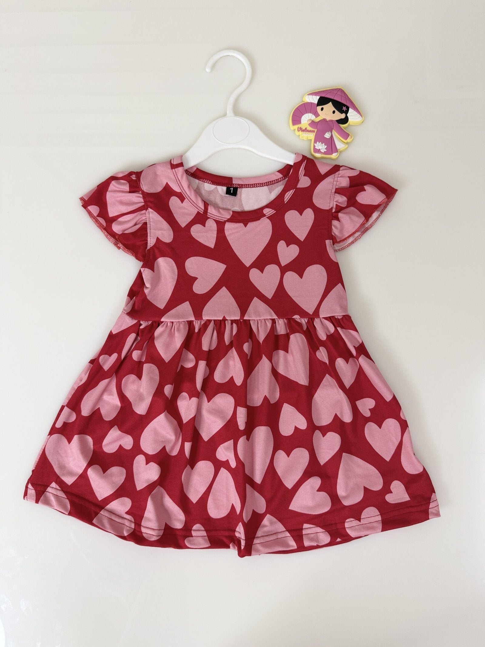 Red Pink Hearts Printed Kids Frock