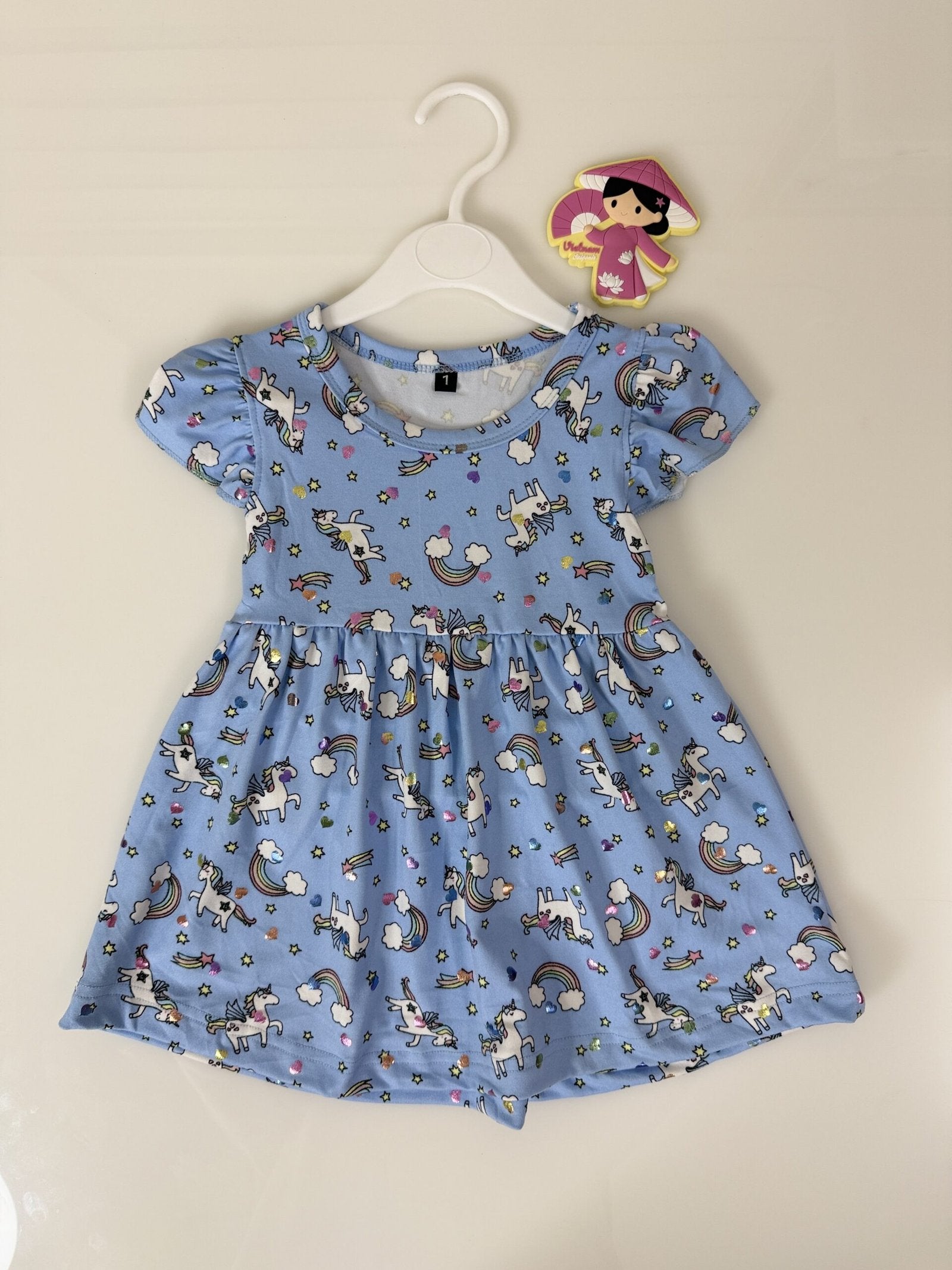 Blue Rainbow Unicorn Printed Kids Frock