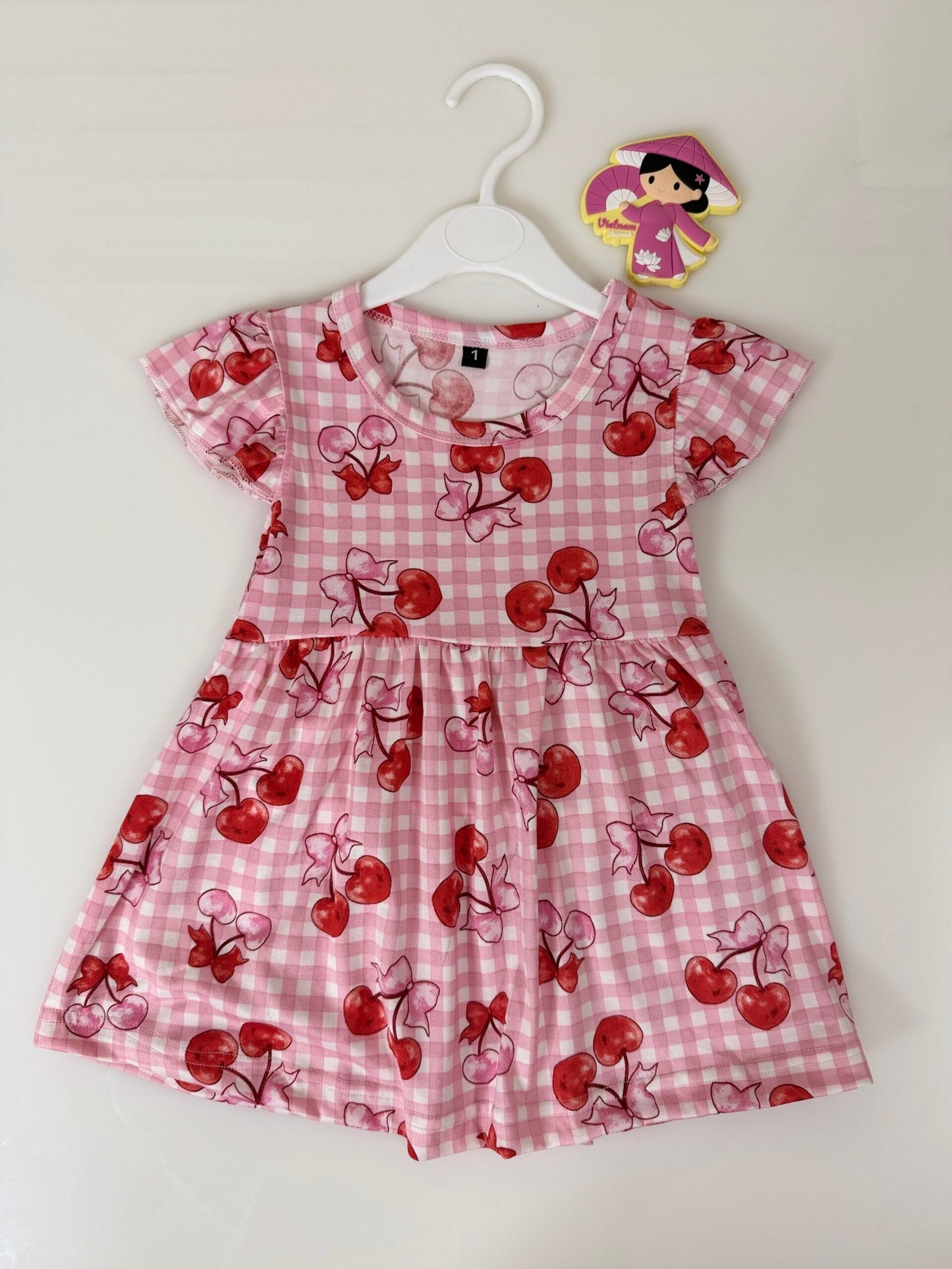 Pink Checked Cherry Printed Kids Frock