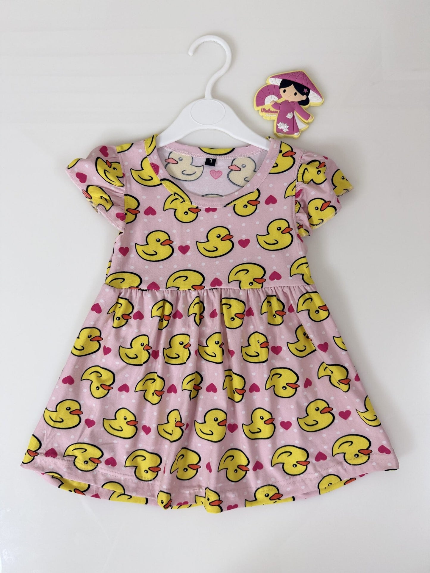 Pink Yellow Duck Printed Kids Frock