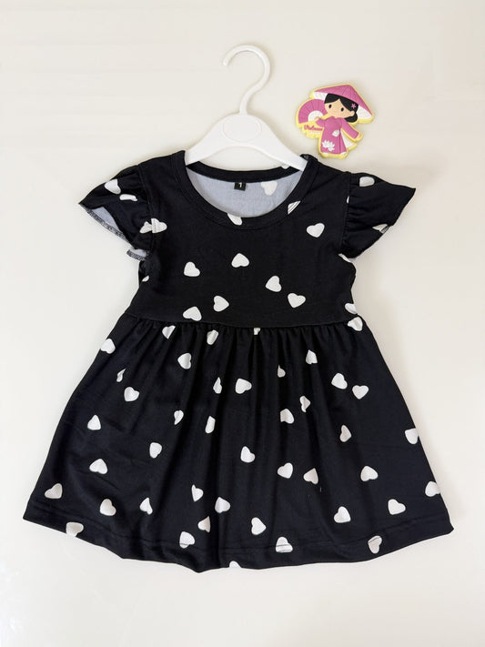 Black White Hearts Printed Kids Frock