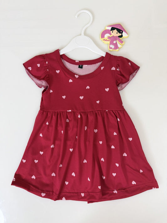 Maroon Pink Hearts Printed Kids Frock