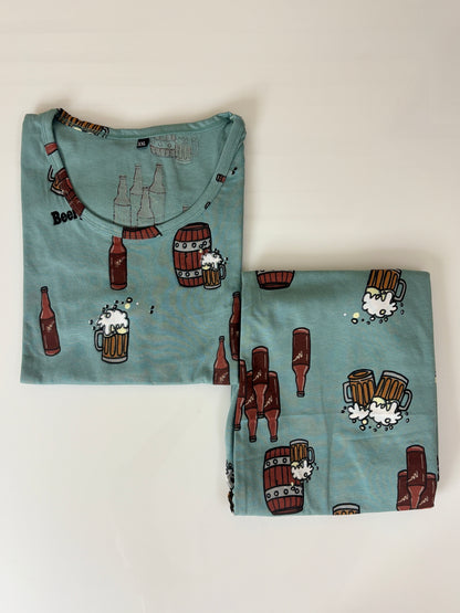 Teal Blue Beer Print Women's T-Shirt with 3/4th Coords