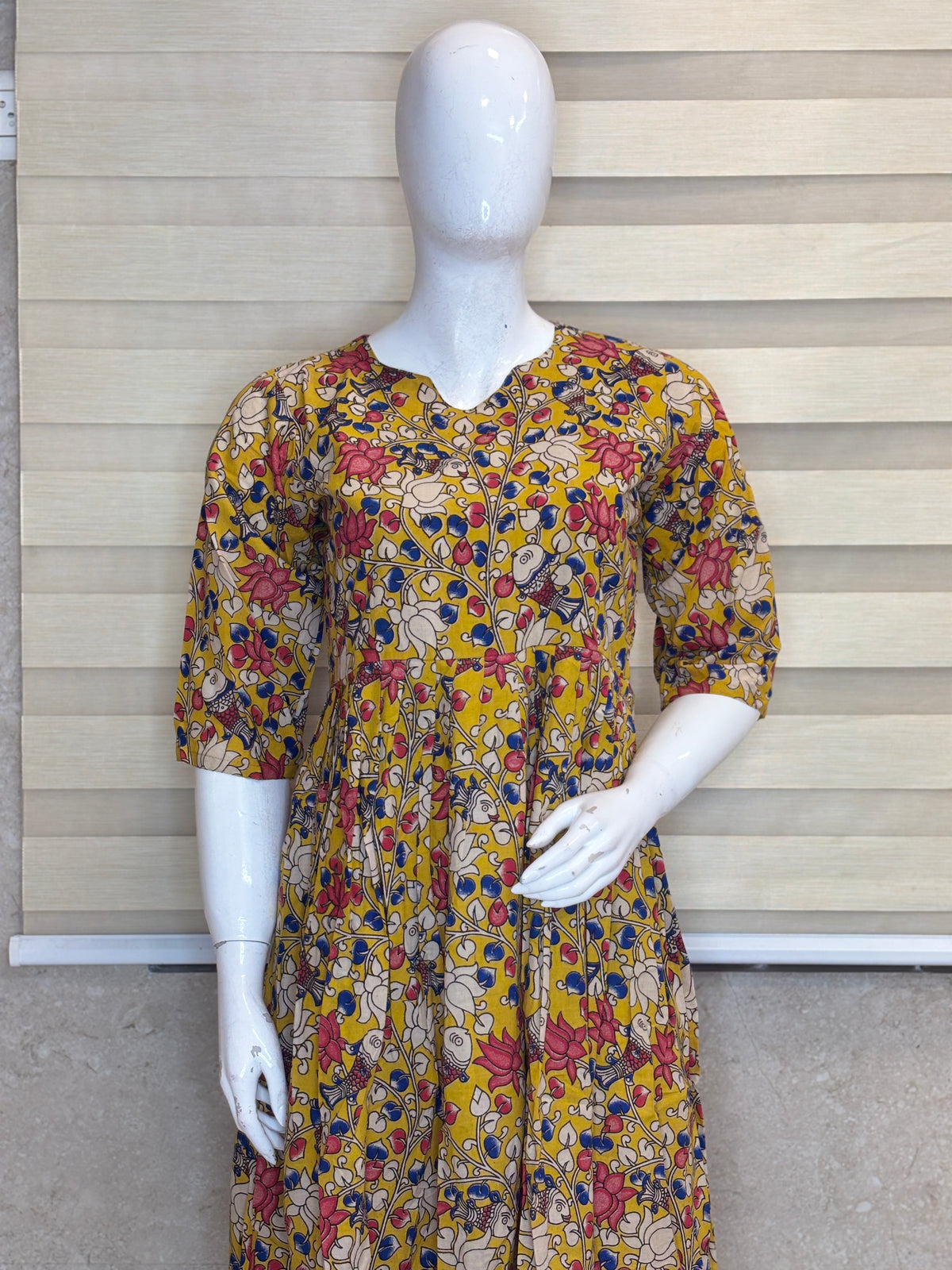 Mul Cotton Mustard Kalamkari Floral Print Non-Feeding Maxi