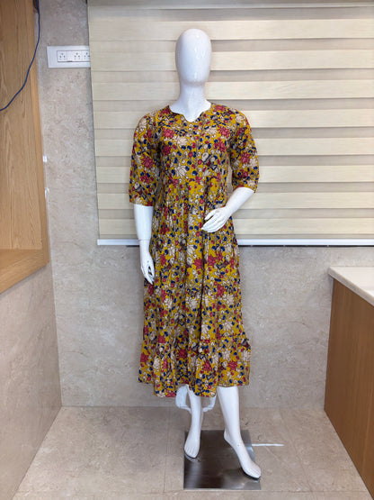 Mul Cotton Mustard Kalamkari Floral Print Non-Feeding Maxi
