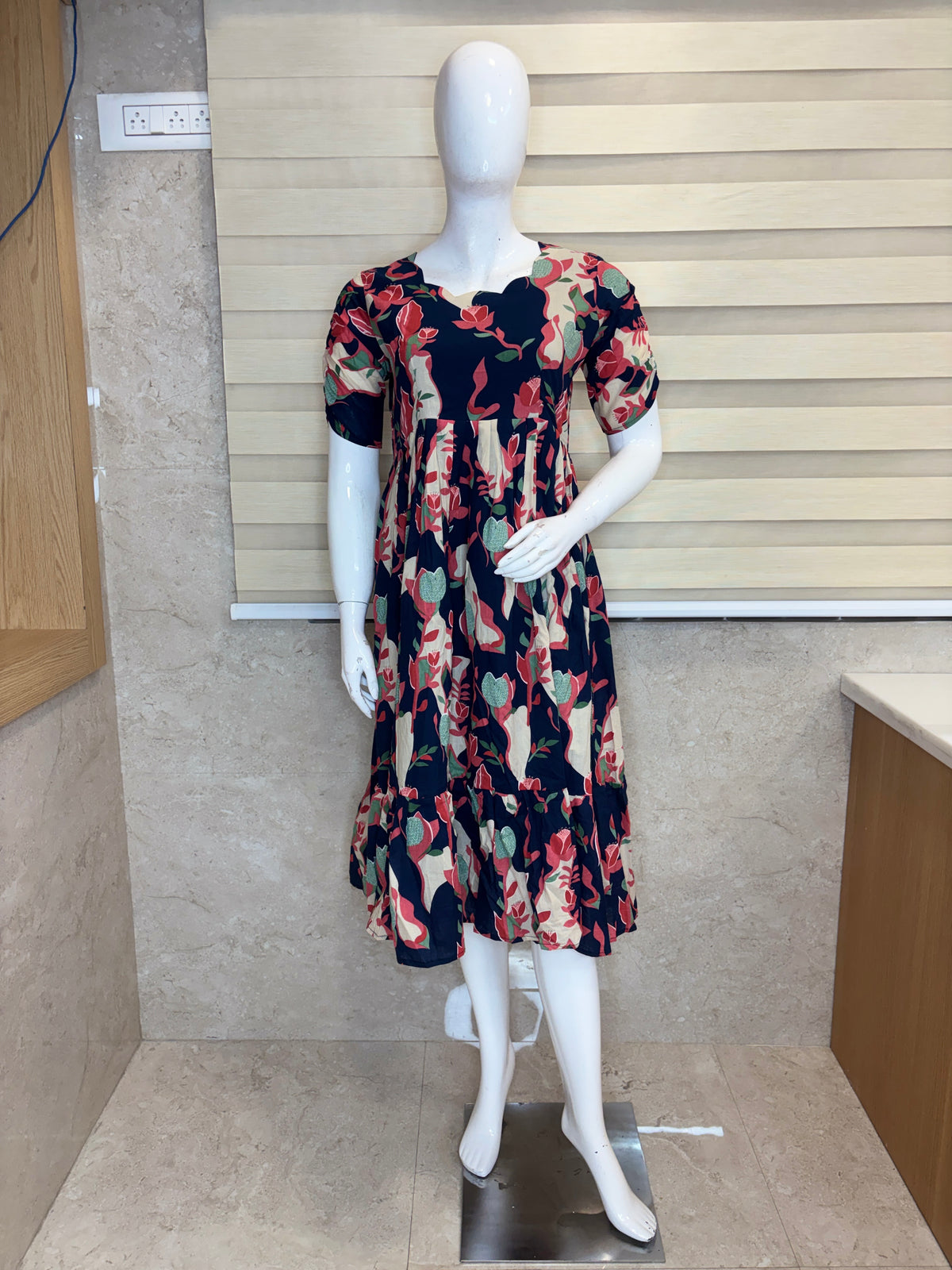 Mul Cotton Navy Blue Floral Print Non-Feeding Maxi