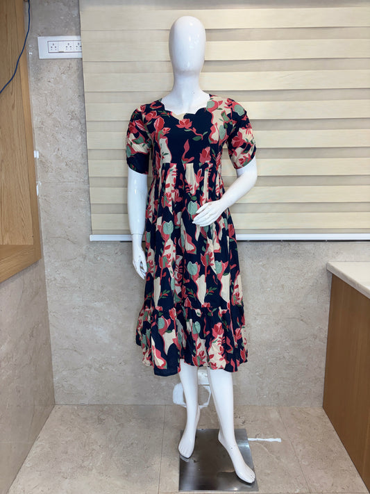 Mul Cotton Navy Blue Floral Print Non-Feeding Maxi