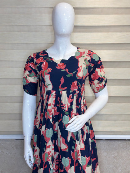 Mul Cotton Navy Blue Floral Print Non-Feeding Maxi