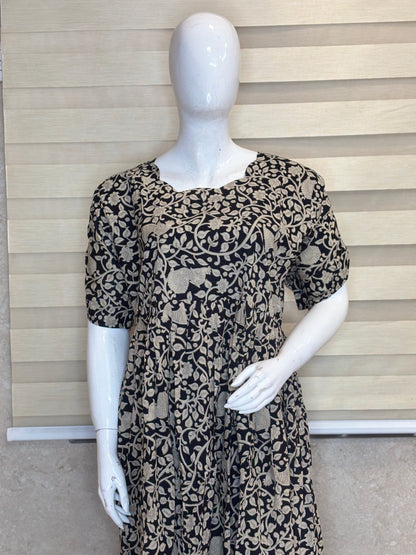 Mul Cotton Black Vintage Floral Print Non-Feeding Maxi