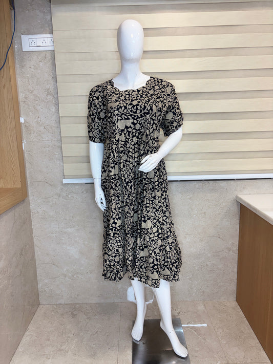 Mul Cotton Black Vintage Floral Print Non-Feeding Maxi