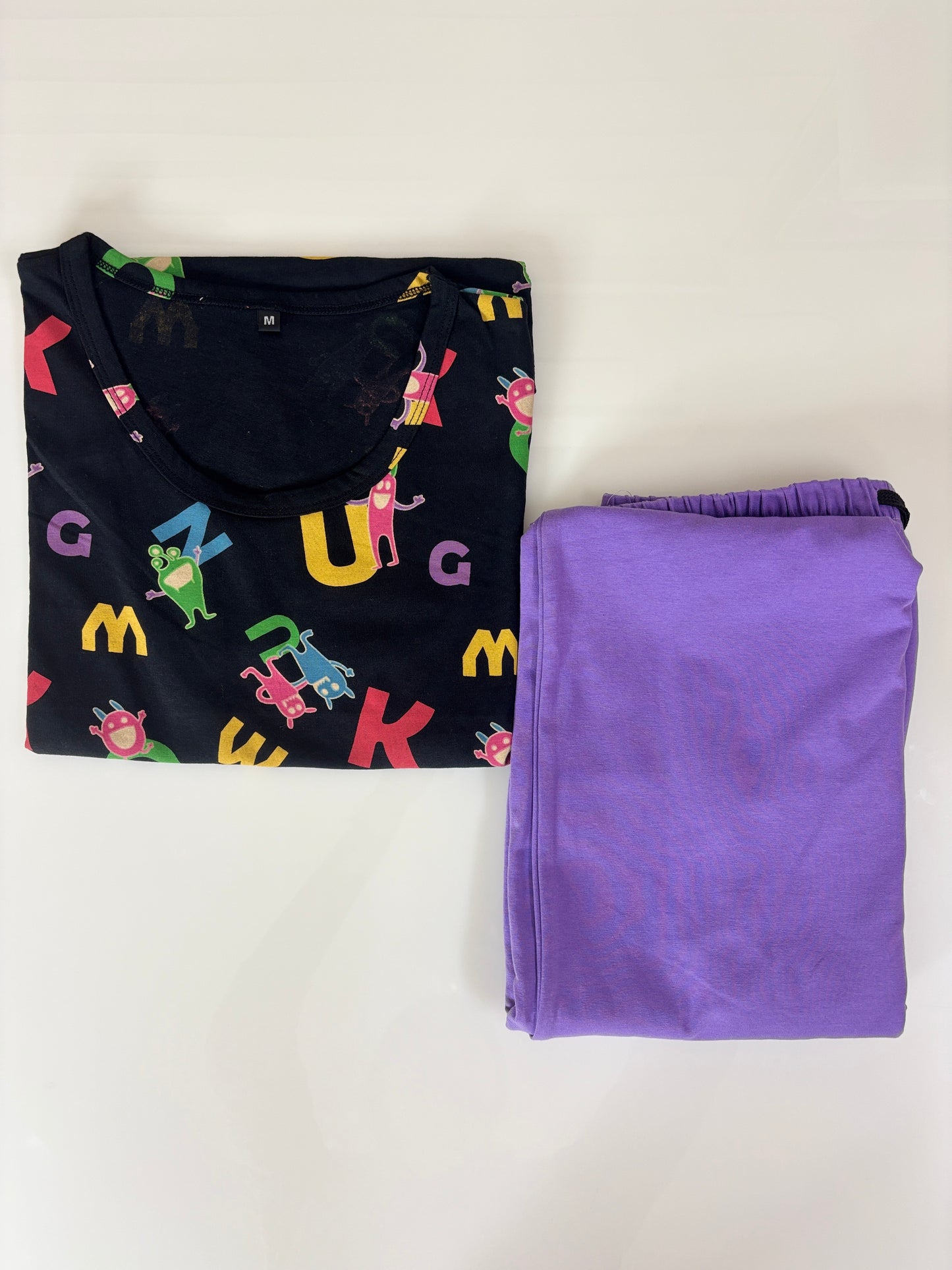 Black Alphabet  Print T-Shirt with Lavender Purple Palazzo