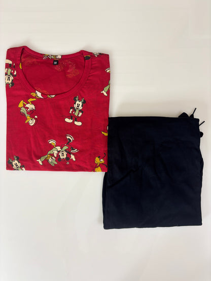 Cherry Red Mickey Print T-Shirt with Black Palazzo