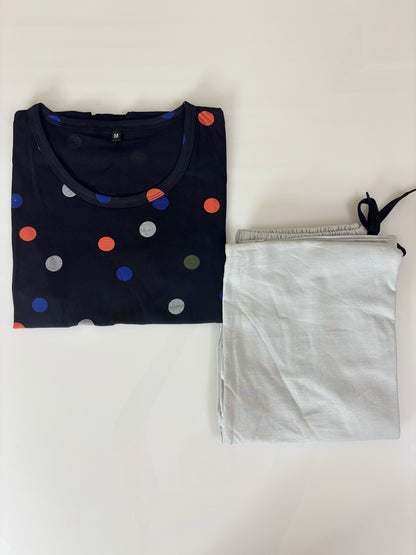 Navy Blue Polka Dot Print T-Shirt with White Palazzo