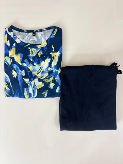 Royal Blue Abstract Brush Print Feeding T-Shirt with Navy Palazzo