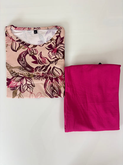 Peach Floral Print Feeding T-Shirt with Hot Pink Palazzo