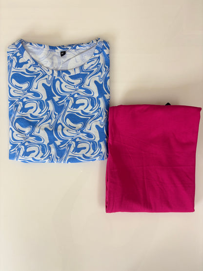Royal Blue Abstract Print Feeding T-Shirt with Hot Pink Palazzo