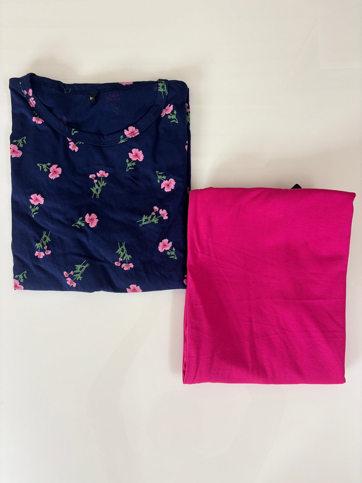 Navy Blue Floral Print Feeding T-Shirt with Hot Pink Palazzo